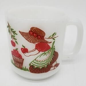 Vtg Glasbake Milk Glass Mug Girl In Bonnet Picking Apples. Give What You Have...